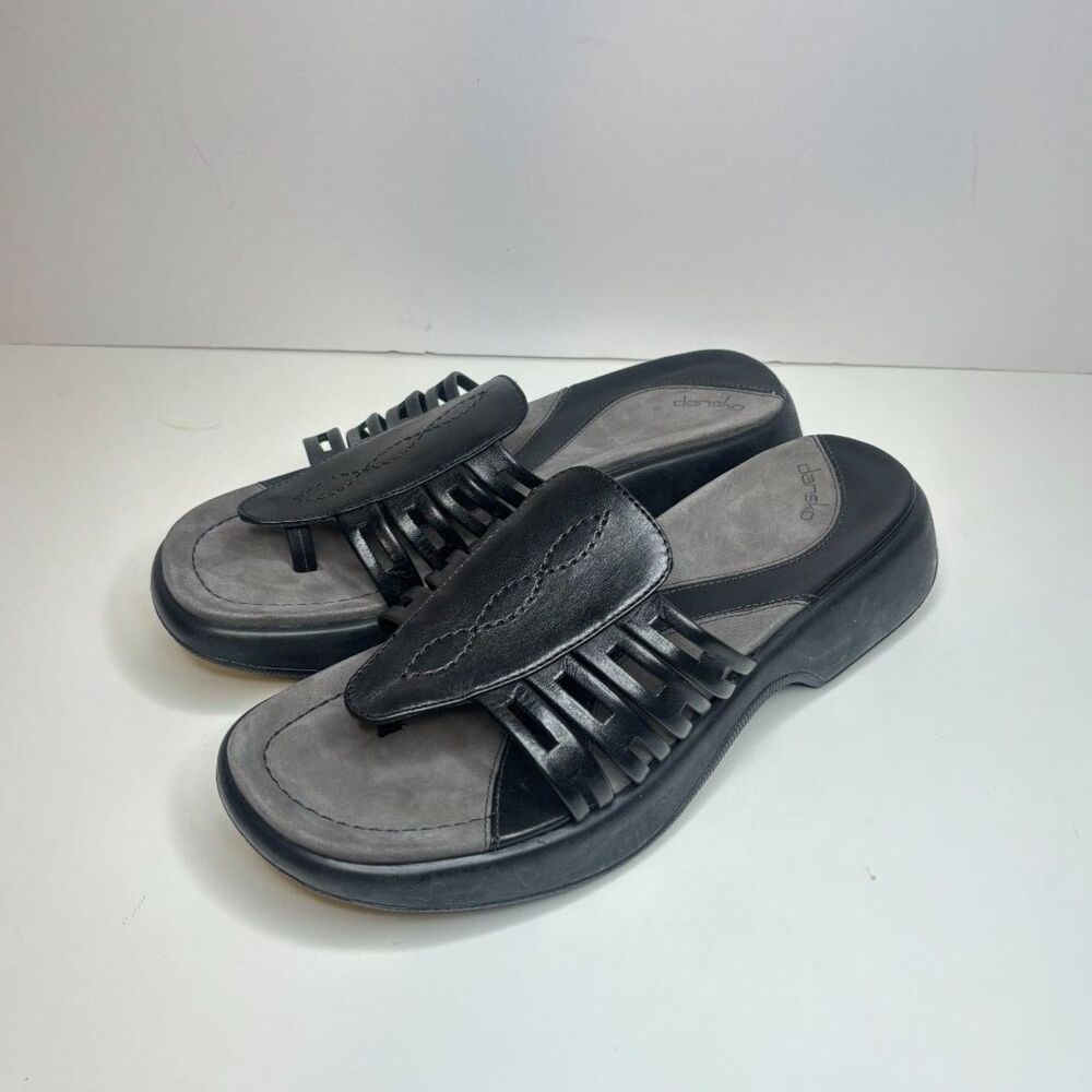 Dansko Topanga Black Leather Wedge Sandals Slip On Strappy Suede Open Toe